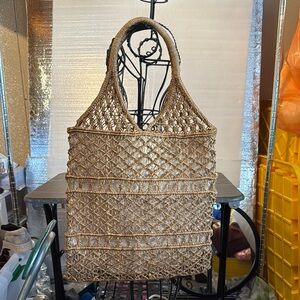 Vintage Crochet Jute Handbag Tan Cream Fabric Lining Double Handles
